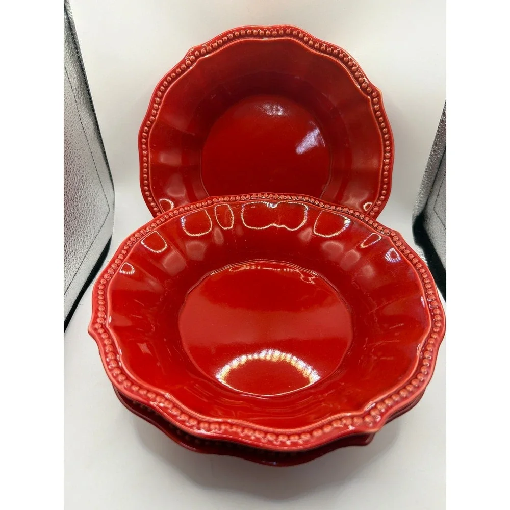Set Of 3 Pioneer Woman Paige Red Soup/Cereal Bowl Scalloped Beaded Rim 8